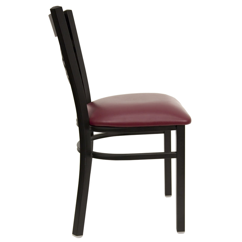 SINGLEWAVE Series Black ''X'' Back Metal Restaurant Chair - Burgundy Vinyl Seat