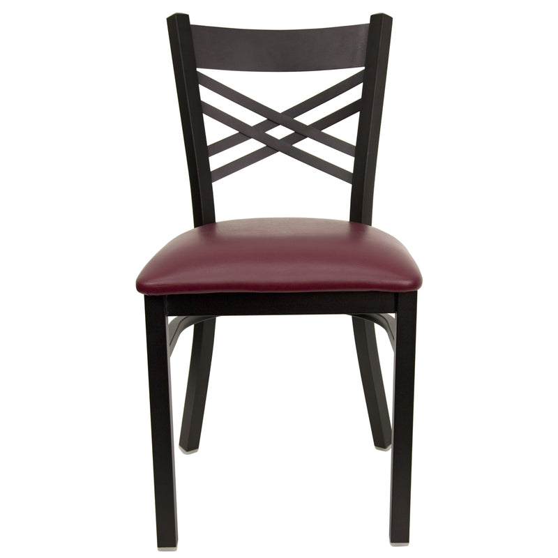 SINGLEWAVE Series Black ''X'' Back Metal Restaurant Chair - Burgundy Vinyl Seat