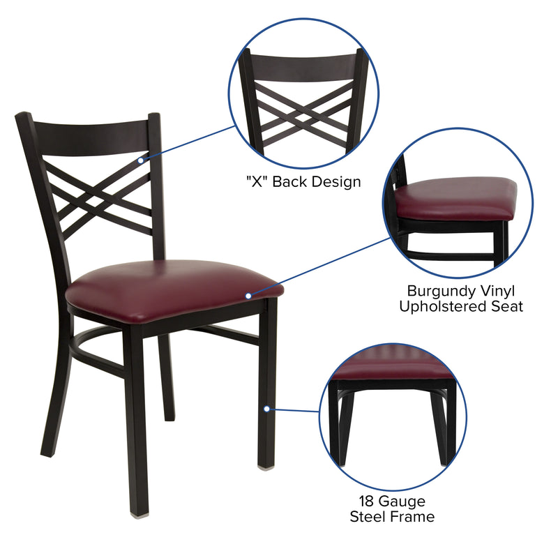 SINGLEWAVE Series Black ''X'' Back Metal Restaurant Chair - Burgundy Vinyl Seat