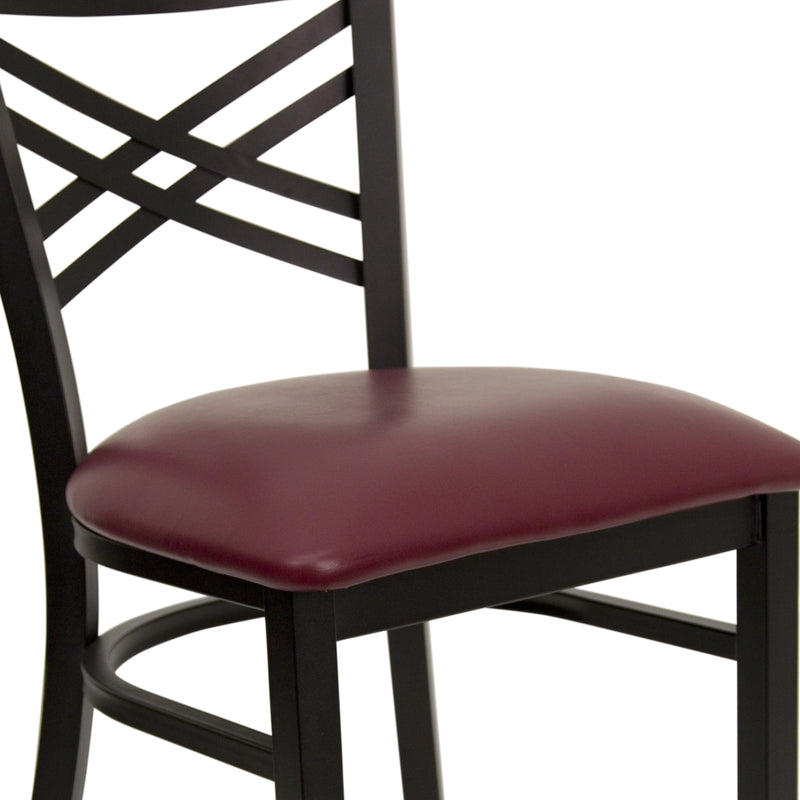 SINGLEWAVE Series Black ''X'' Back Metal Restaurant Chair - Burgundy Vinyl Seat