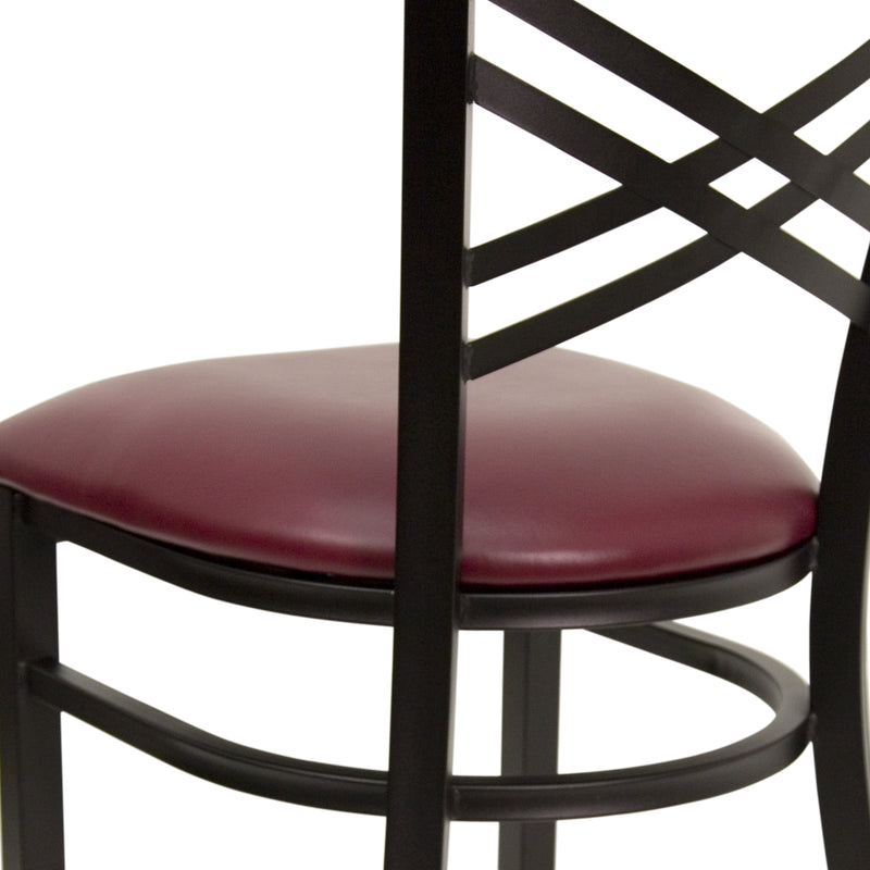 SINGLEWAVE Series Black ''X'' Back Metal Restaurant Chair - Burgundy Vinyl Seat