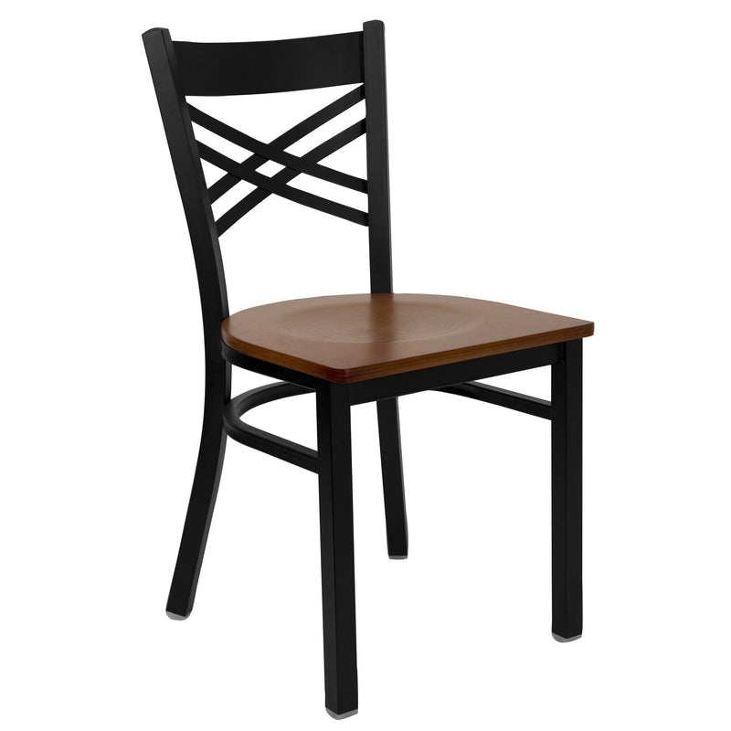 SINGLEWAVE Series Black ''X'' Back Metal Restaurant Chair - Cherry Wood Seat