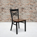 SINGLEWAVE Series Black ''X'' Back Metal Restaurant Chair - Cherry Wood Seat