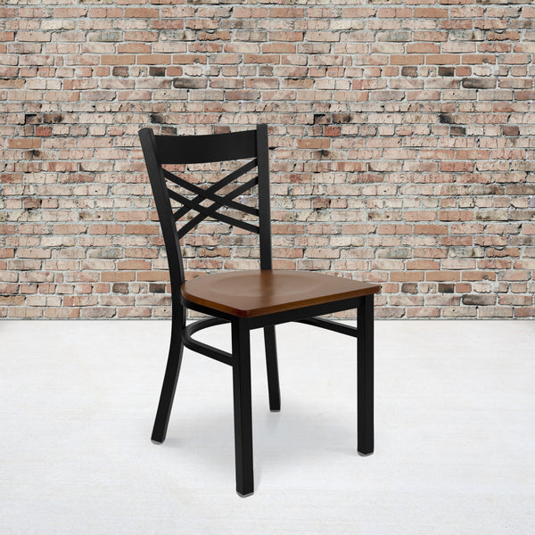 SINGLEWAVE Series Black ''X'' Back Metal Restaurant Chair - Cherry Wood Seat