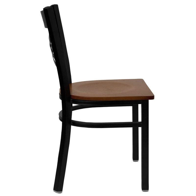 SINGLEWAVE Series Black ''X'' Back Metal Restaurant Chair - Cherry Wood Seat