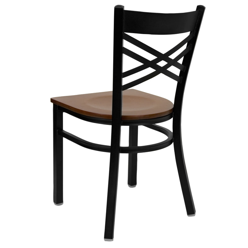 SINGLEWAVE Series Black ''X'' Back Metal Restaurant Chair - Cherry Wood Seat