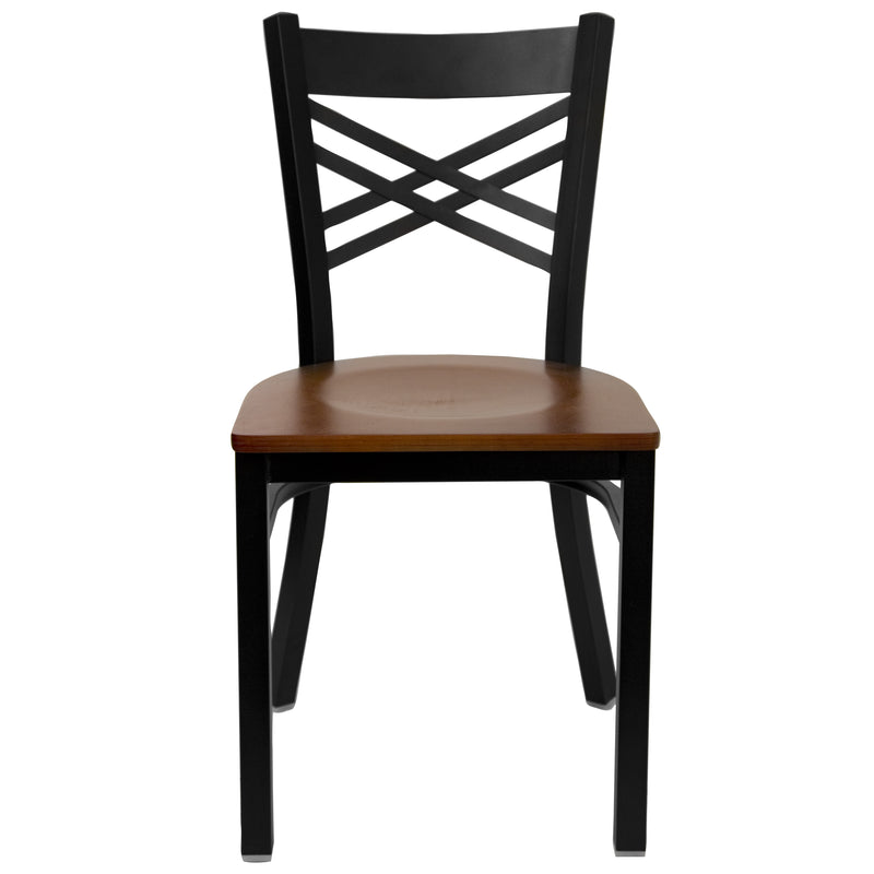 SINGLEWAVE Series Black ''X'' Back Metal Restaurant Chair - Cherry Wood Seat