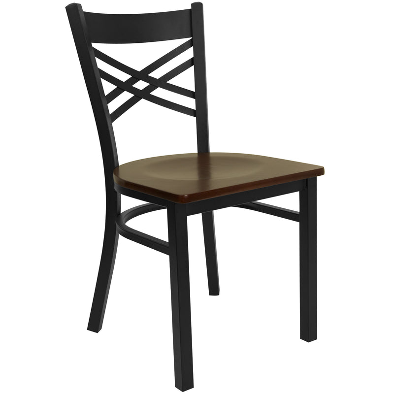 SINGLEWAVE Series Black ''X'' Back Metal Restaurant Chair - Mahogany Wood Seat