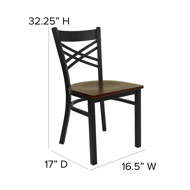 SINGLEWAVE Series Black ''X'' Back Metal Restaurant Chair - Mahogany Wood Seat