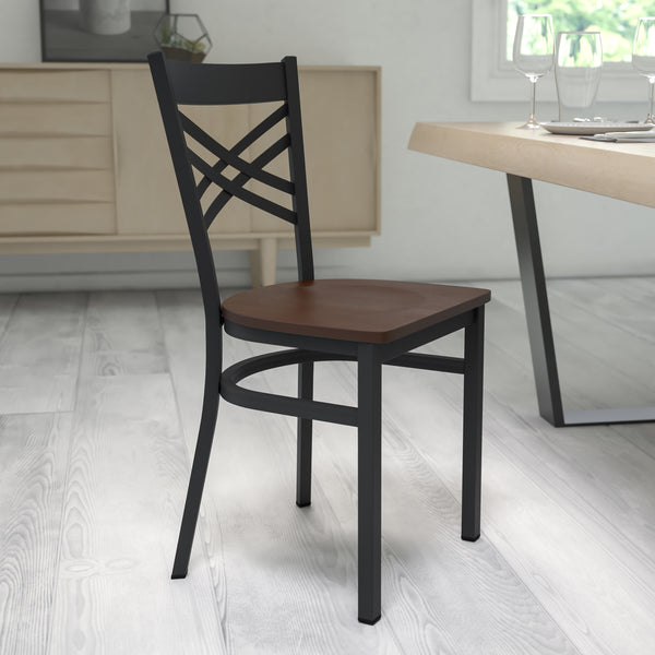 SINGLEWAVE Series Black ''X'' Back Metal Restaurant Chair - Mahogany Wood Seat