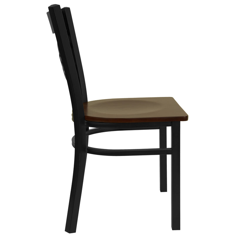 SINGLEWAVE Series Black ''X'' Back Metal Restaurant Chair - Mahogany Wood Seat