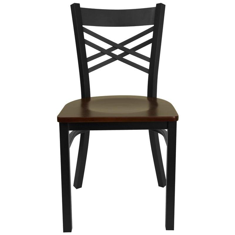 SINGLEWAVE Series Black ''X'' Back Metal Restaurant Chair - Mahogany Wood Seat