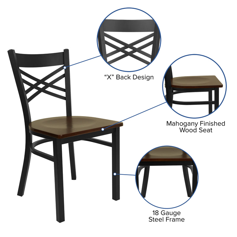 SINGLEWAVE Series Black ''X'' Back Metal Restaurant Chair - Mahogany Wood Seat