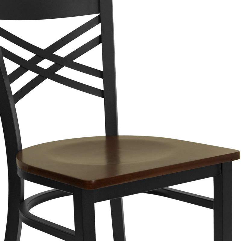 SINGLEWAVE Series Black ''X'' Back Metal Restaurant Chair - Mahogany Wood Seat