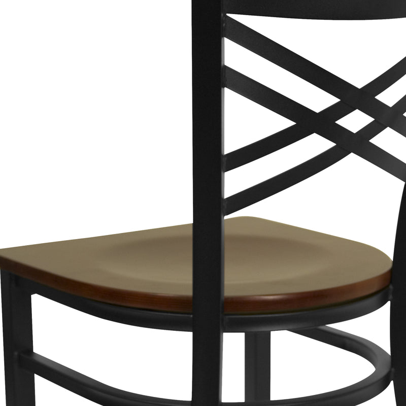 SINGLEWAVE Series Black ''X'' Back Metal Restaurant Chair - Mahogany Wood Seat