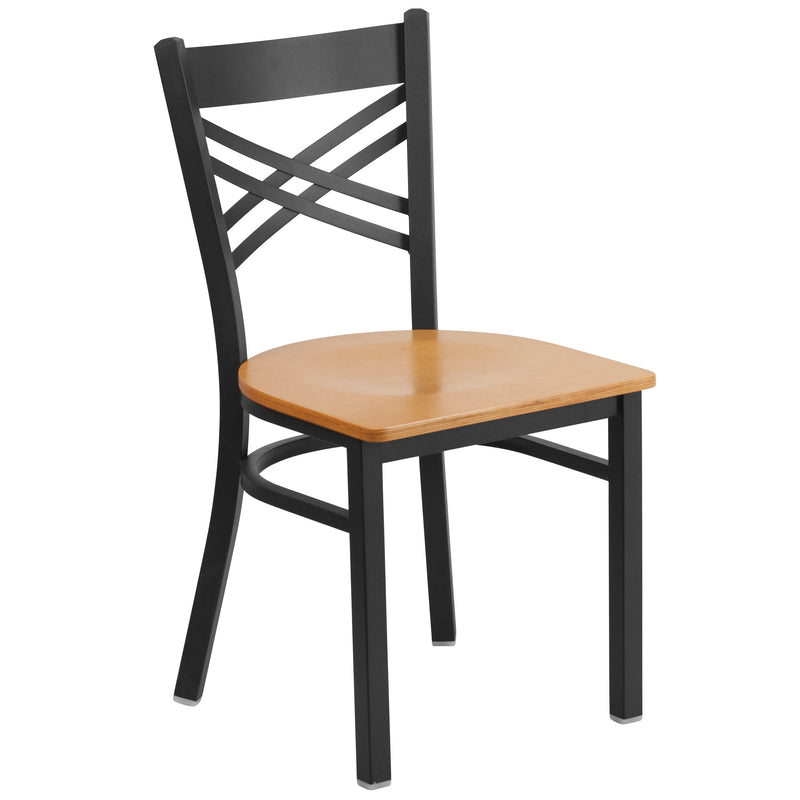 SINGLEWAVE Series Black ''X'' Back Metal Restaurant Chair - Natural Wood Seat