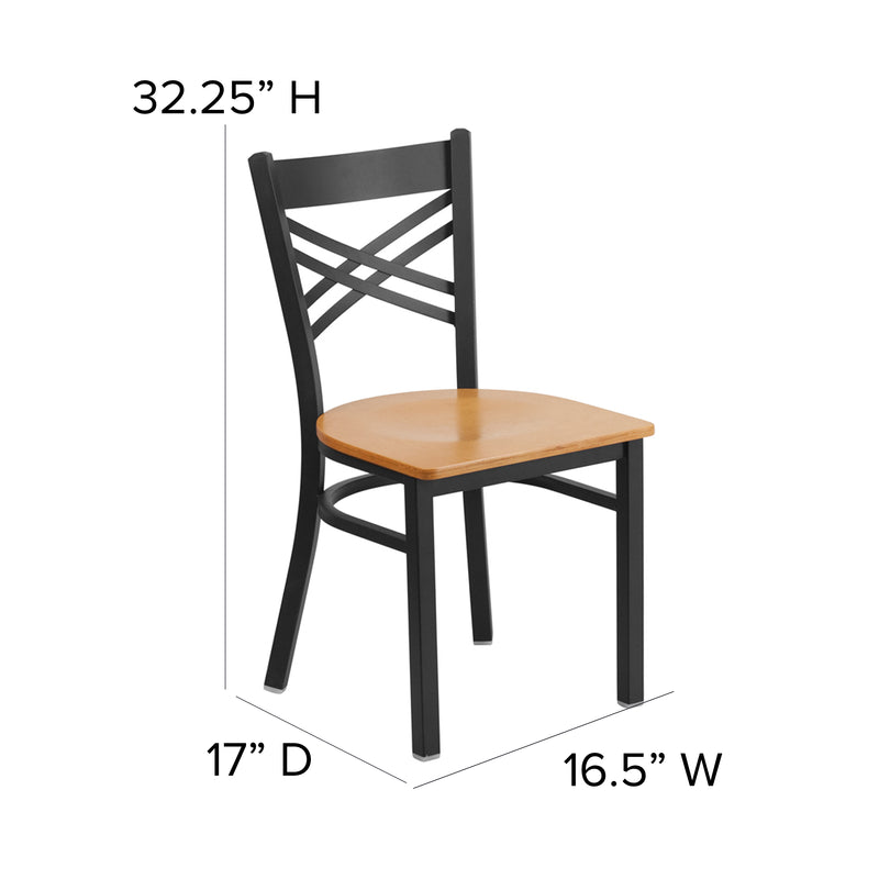 SINGLEWAVE Series Black ''X'' Back Metal Restaurant Chair - Natural Wood Seat