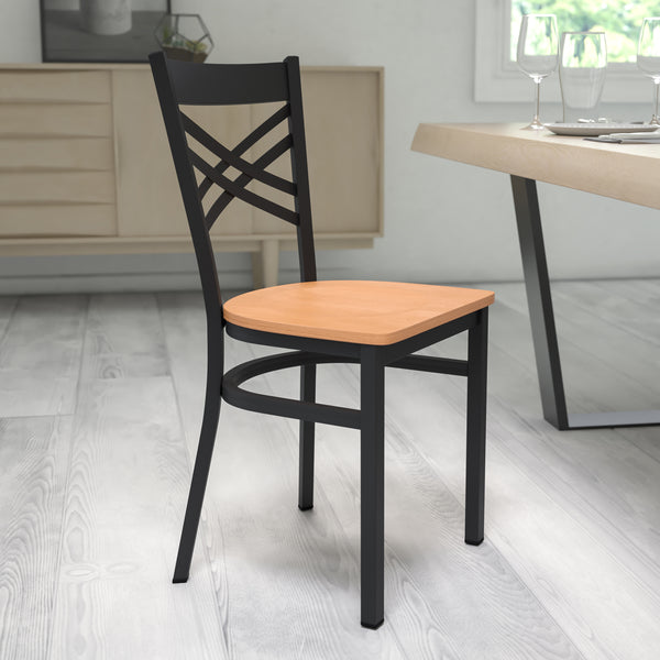 SINGLEWAVE Series Black ''X'' Back Metal Restaurant Chair - Natural Wood Seat