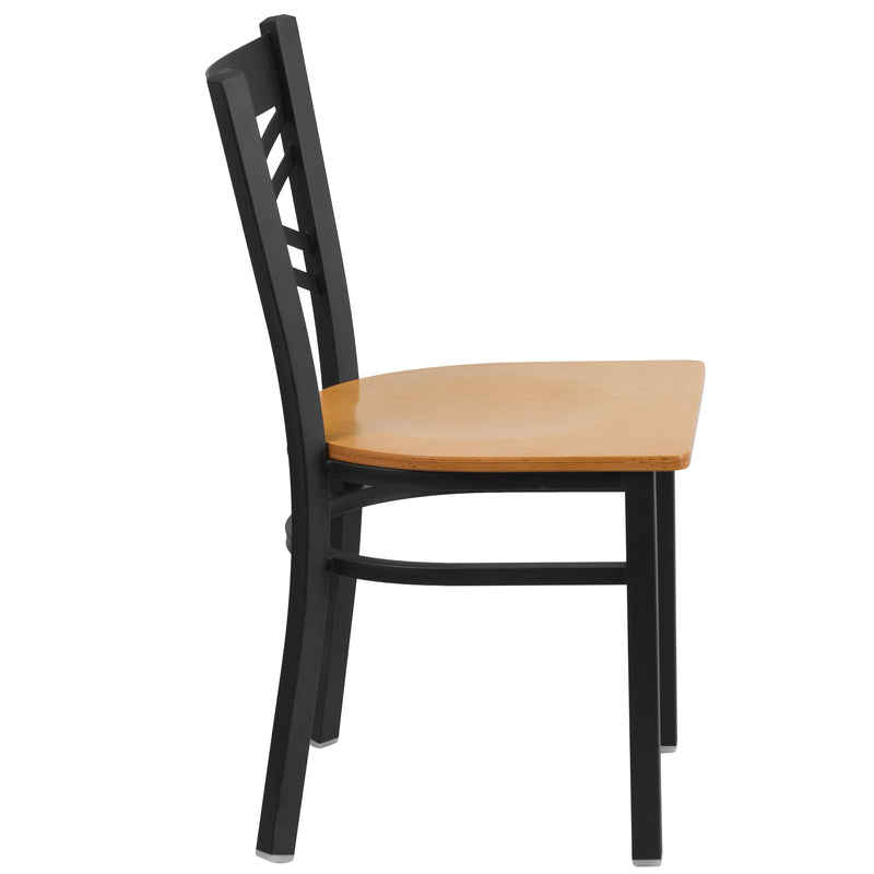 SINGLEWAVE Series Black ''X'' Back Metal Restaurant Chair - Natural Wood Seat