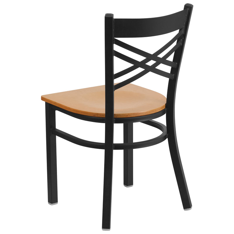 SINGLEWAVE Series Black ''X'' Back Metal Restaurant Chair - Natural Wood Seat