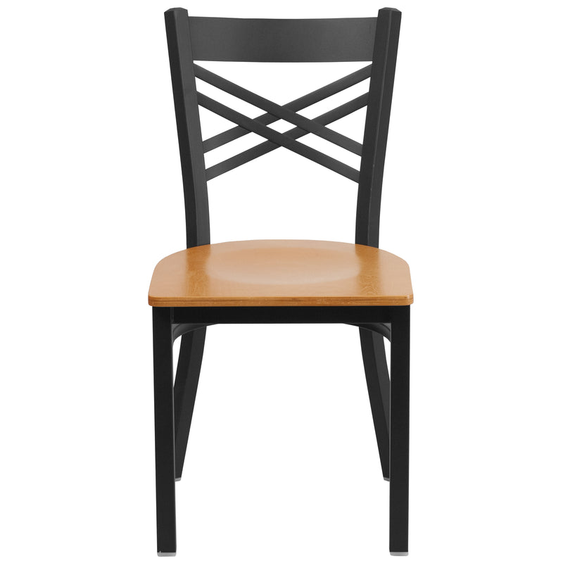 SINGLEWAVE Series Black ''X'' Back Metal Restaurant Chair - Natural Wood Seat