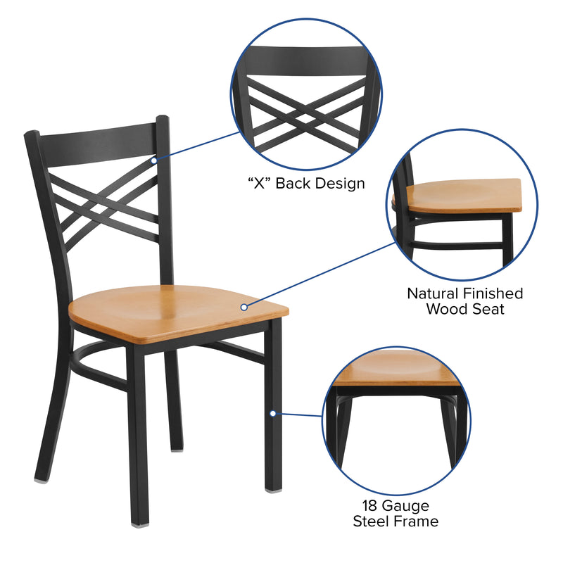 SINGLEWAVE Series Black ''X'' Back Metal Restaurant Chair - Natural Wood Seat