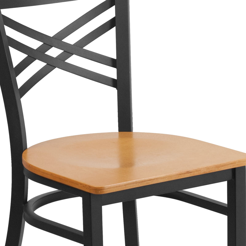 SINGLEWAVE Series Black ''X'' Back Metal Restaurant Chair - Natural Wood Seat