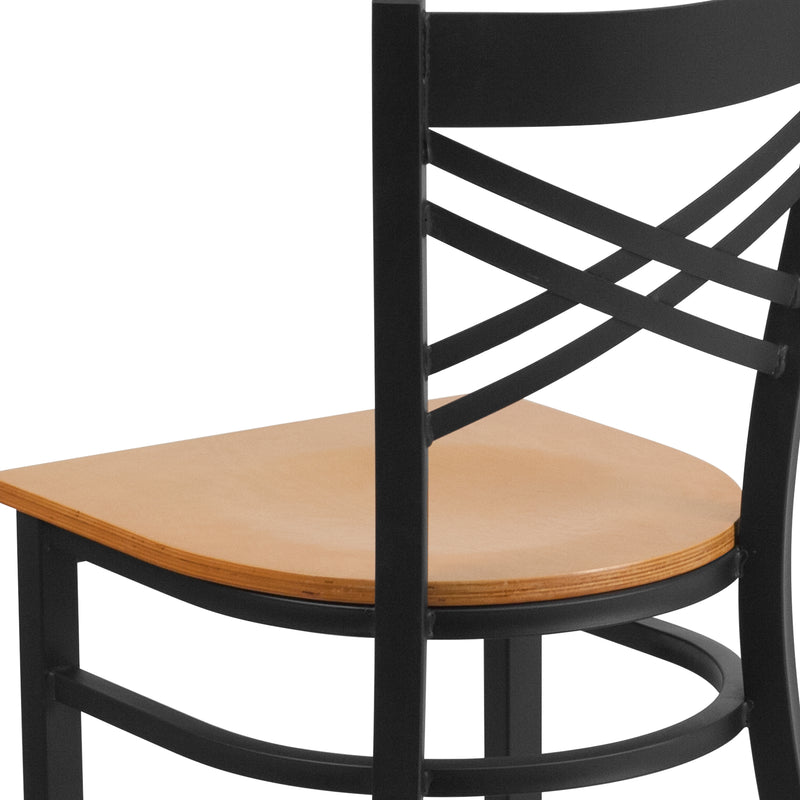 SINGLEWAVE Series Black ''X'' Back Metal Restaurant Chair - Natural Wood Seat