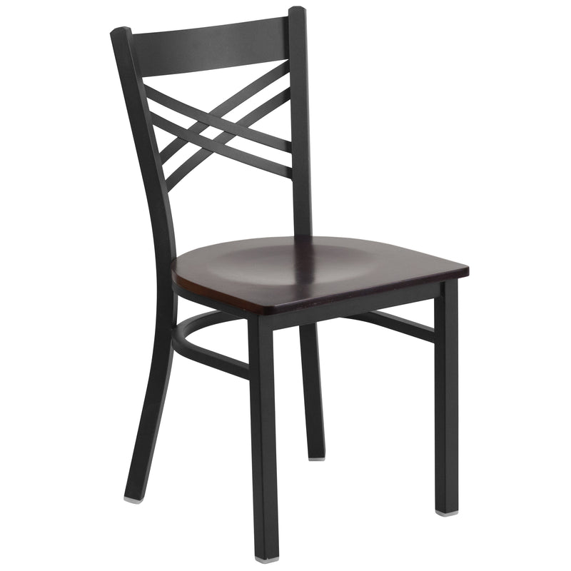 SINGLEWAVE Series Black ''X'' Back Metal Restaurant Chair - Walnut Wood Seat