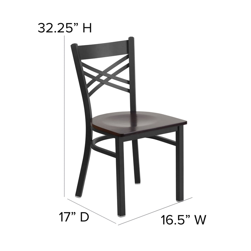 SINGLEWAVE Series Black ''X'' Back Metal Restaurant Chair - Walnut Wood Seat