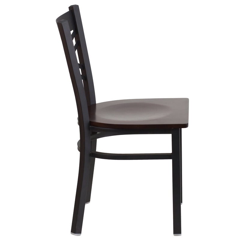 SINGLEWAVE Series Black ''X'' Back Metal Restaurant Chair - Walnut Wood Seat