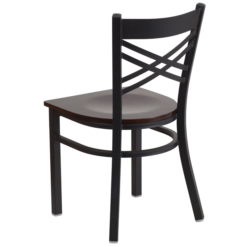 SINGLEWAVE Series Black ''X'' Back Metal Restaurant Chair - Walnut Wood Seat