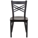 SINGLEWAVE Series Black ''X'' Back Metal Restaurant Chair - Walnut Wood Seat