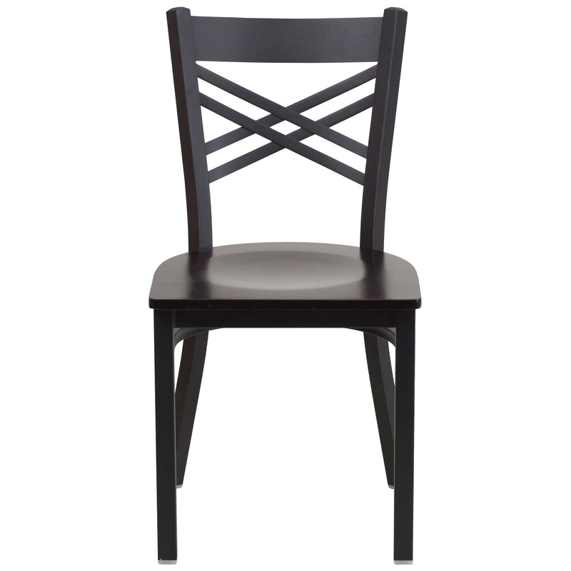 SINGLEWAVE Series Black ''X'' Back Metal Restaurant Chair - Walnut Wood Seat