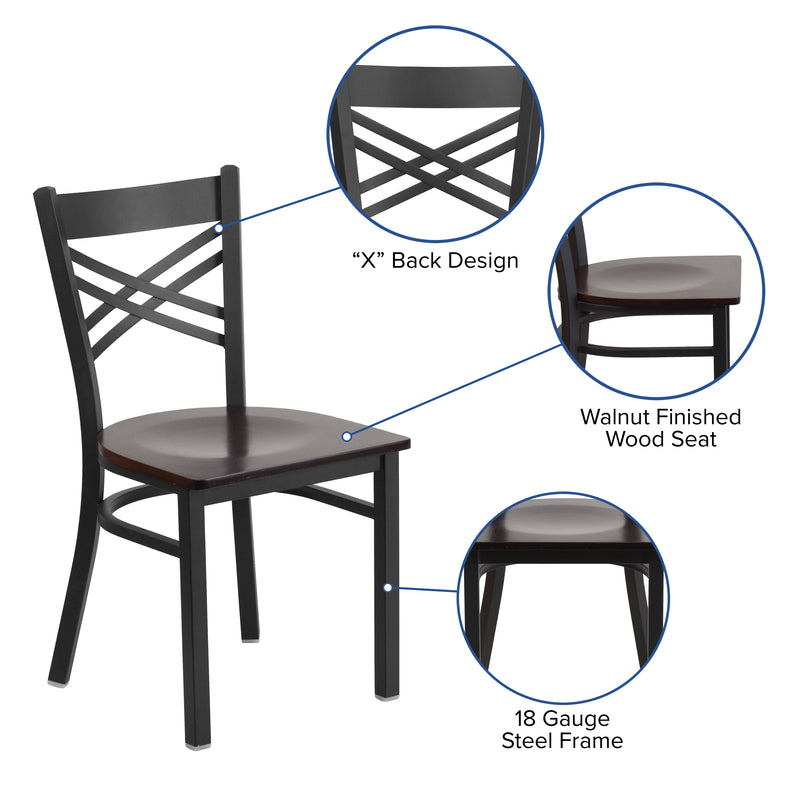 SINGLEWAVE Series Black ''X'' Back Metal Restaurant Chair - Walnut Wood Seat