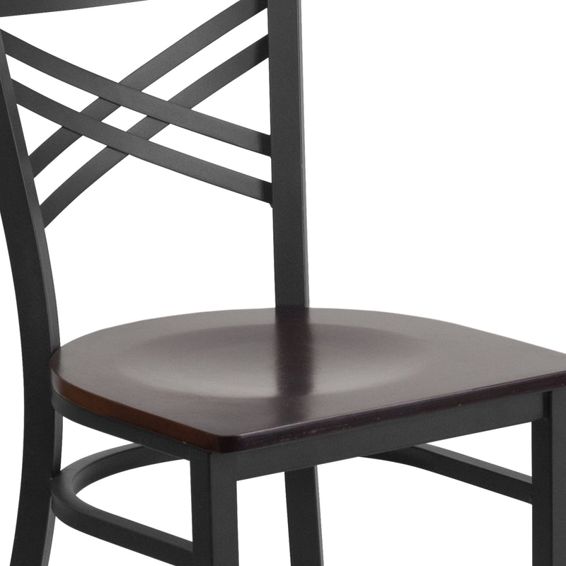 SINGLEWAVE Series Black ''X'' Back Metal Restaurant Chair - Walnut Wood Seat