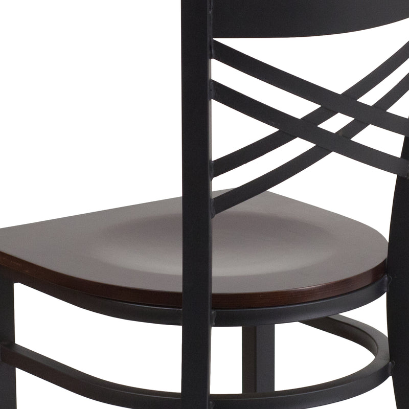 SINGLEWAVE Series Black ''X'' Back Metal Restaurant Chair - Walnut Wood Seat