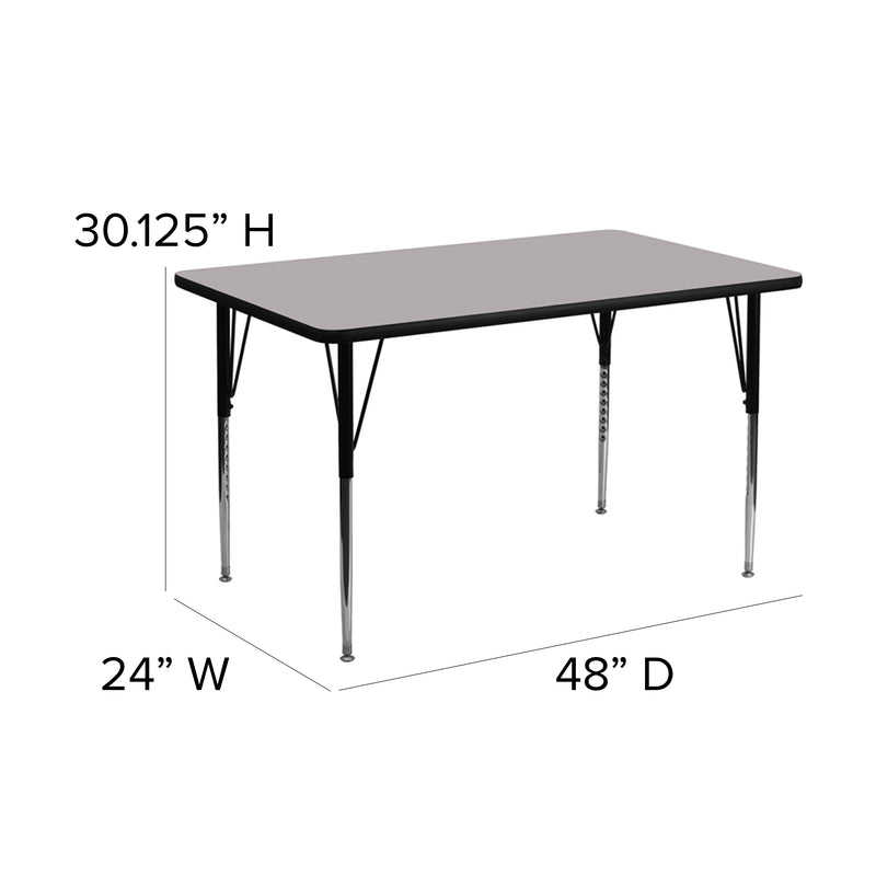 24''W x 48''L Rectangular Grey Thermal Laminate Activity Table - Standard Height Adjustable Legs