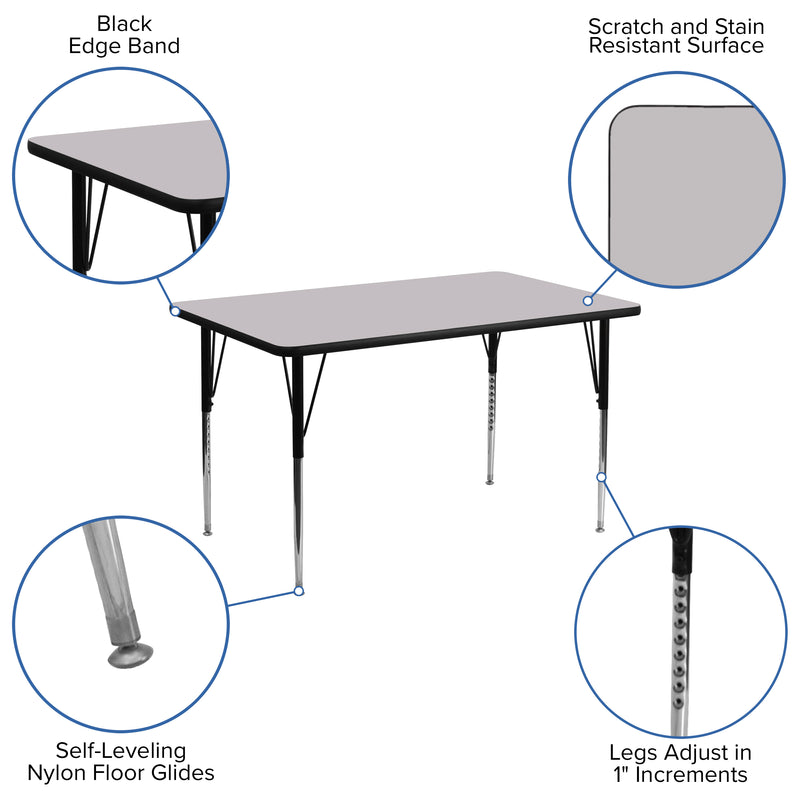 24''W x 48''L Rectangular Grey Thermal Laminate Activity Table - Standard Height Adjustable Legs