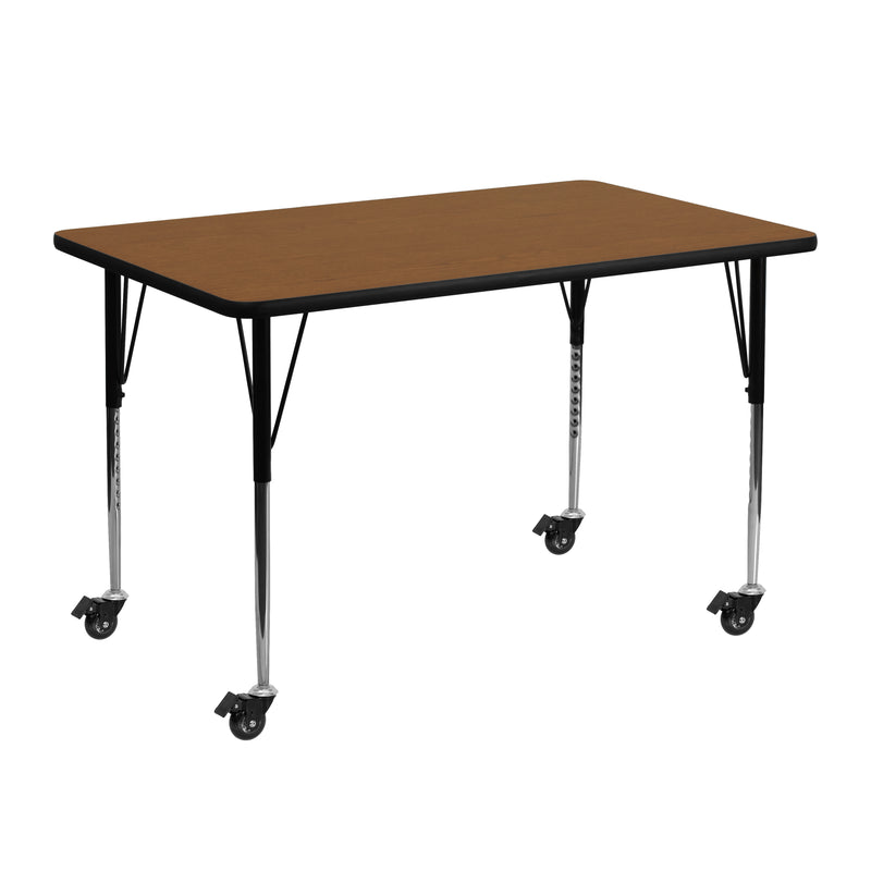 Mobile 24''W x 48''L Rectangular Oak HP Laminate Activity Table - Standard Height Adjustable Legs