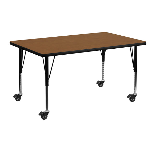 Mobile 24''W x 48''L Rectangular Oak HP Laminate Activity Table - Height Adjustable Short Legs