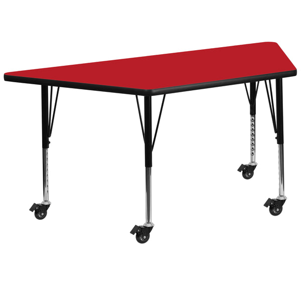 Mobile 22.5''W x 45''L Trapezoid Red HP Laminate Activity Table - Height Adjustable Short Legs