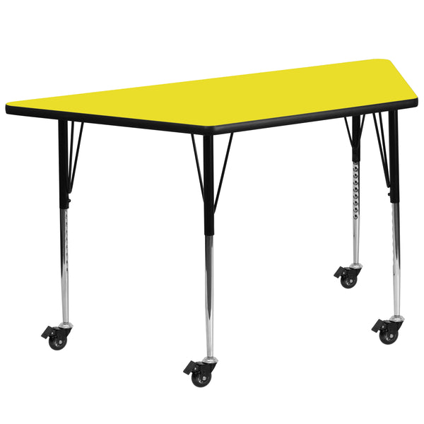 Mobile 22.5''W x 45''L Trapezoid Yellow HP Laminate Activity Table - Standard Height Adjustable Legs