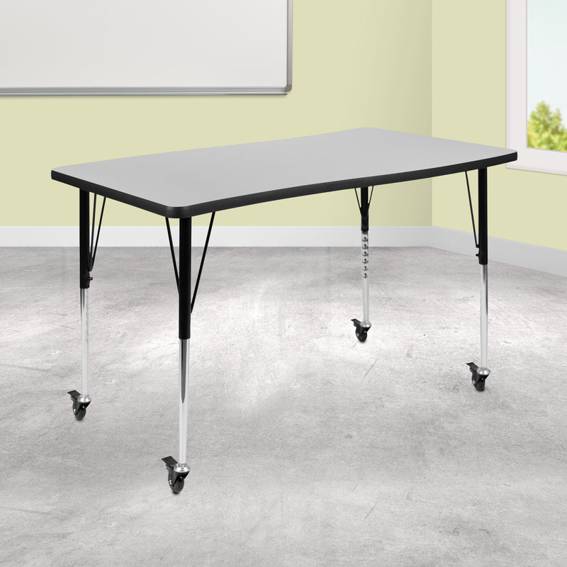 Mobile 28"W x 47.5"L Rectangular Wave Flexible Collaborative Grey Laminate Activity Table-Standard Height Adjustable Legs