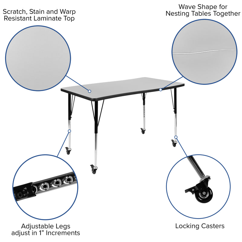 Mobile 28"W x 47.5"L Rectangular Wave Flexible Collaborative Grey Laminate Activity Table-Standard Height Adjustable Legs