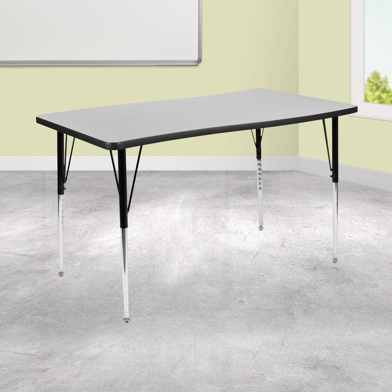 28"W x 47.5"L Rectangular Wave Flexible Collaborative Grey Thermal Laminate Activity Table - Standard Height Adjustable Legs