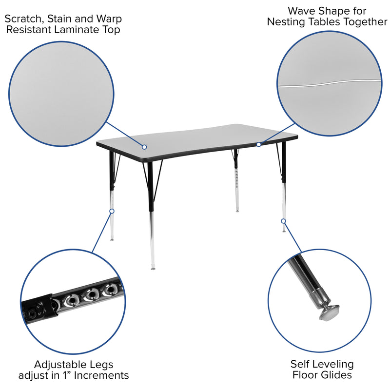 28"W x 47.5"L Rectangular Wave Flexible Collaborative Grey Thermal Laminate Activity Table - Standard Height Adjustable Legs