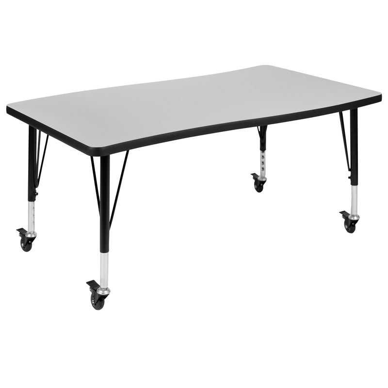 Mobile 28"W x 47.5"L Rectangular Wave Flexible Collaborative Grey Laminate Activity Table - Height Adjustable Short Legs