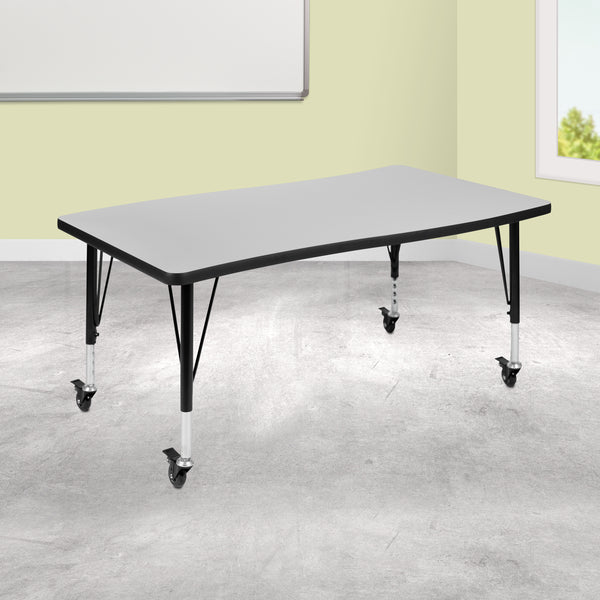 Mobile 28"W x 47.5"L Rectangular Wave Flexible Collaborative Grey Laminate Activity Table - Height Adjustable Short Legs