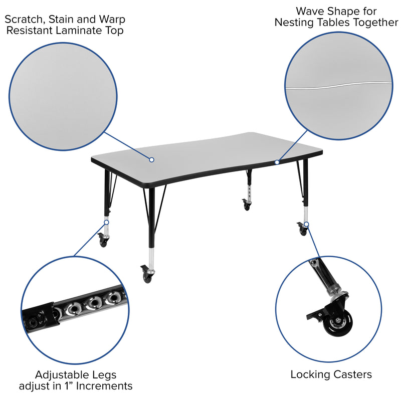 Mobile 28"W x 47.5"L Rectangular Wave Flexible Collaborative Grey Laminate Activity Table - Height Adjustable Short Legs